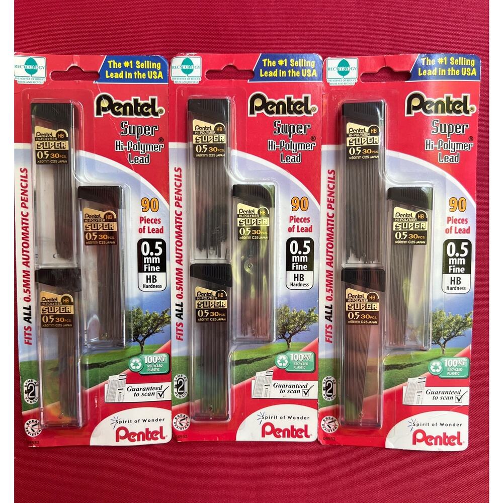 Pentel Super Hi-Polymer Lead 0.5 mm HB 90-Piece Pack (3 Tubes) New BUNDLE of 3